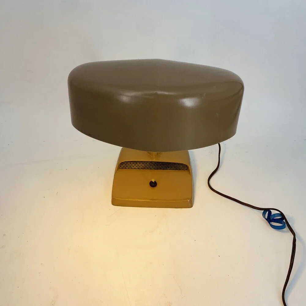 Vintage MCM Industrial Hooded Desk Lamp Nude/Mauve Brass Machine Age Metal